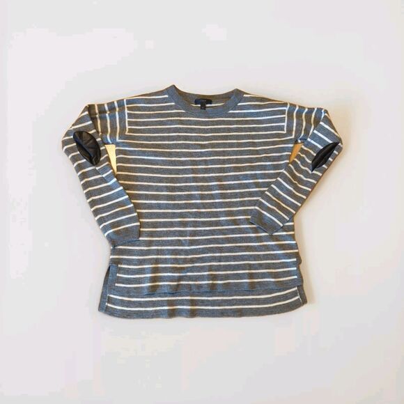 J Crew Sweater Womens Small Gray White Stripe Merino Wool Elbow Patch - Picture 1 of 8